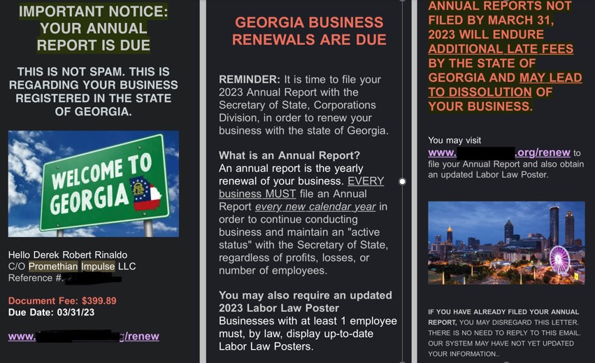 Screenshots of an email prompting to renew a business in Georgia